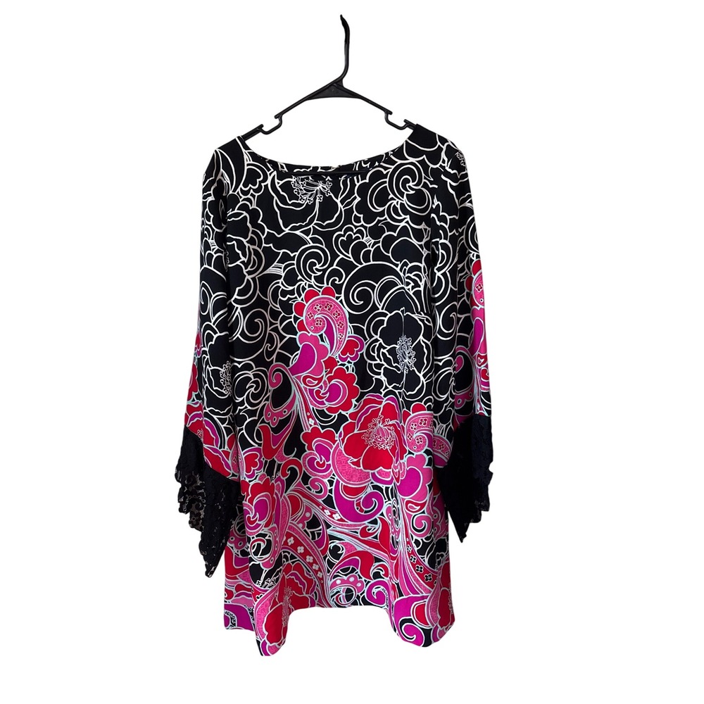 Kaari Blue Tunic Dress Women 2X Black Pink Floral Lace Gold Zipper